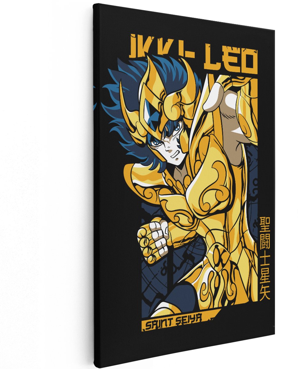 Artaza Canvas Schilderij Saint Seiya - 120x180 cm - Groot - Wanddecoratie Anime Leo - Muurdecoratie Manga - Decoratie Goud - Zwart Goud