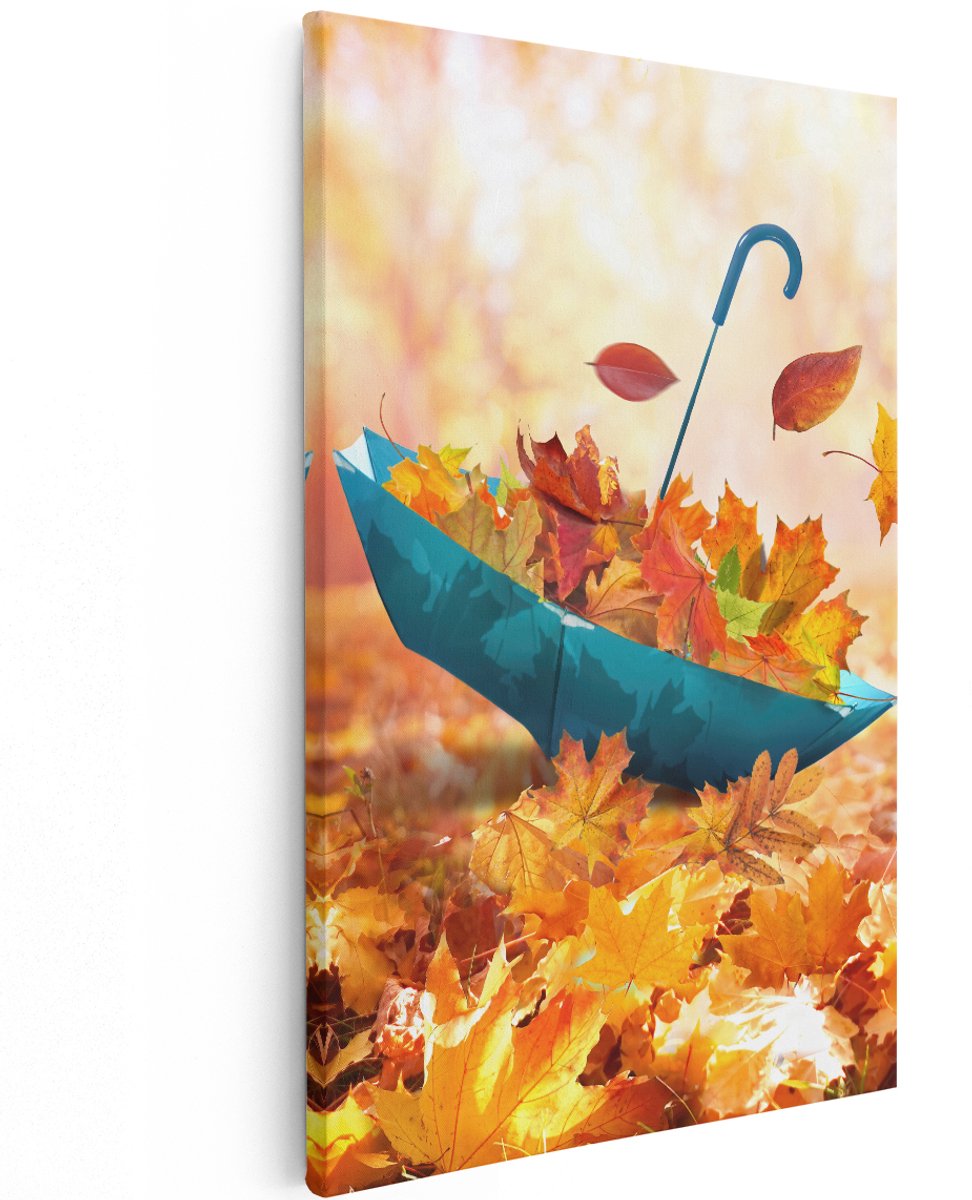 Artaza Canvas Schilderij Blauwe Paraplu in de Herfstbos met Bladeren - 120x180 cm - Groot - Wanddecoratie Woonkamer - Schilderijen - Muurdecoratie