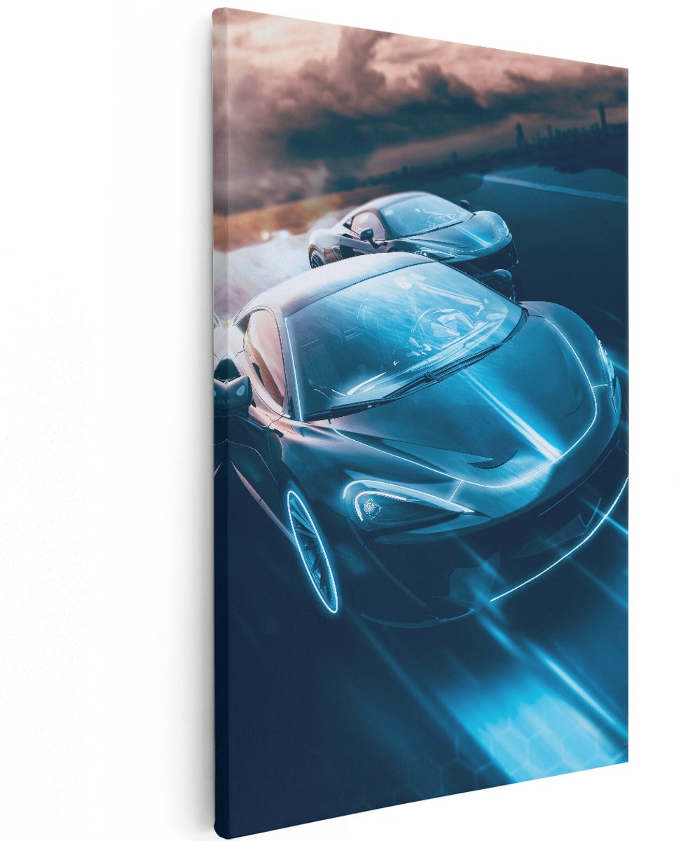 Artaza Canvas Schilderij Twee Raceauto's - Abstract - 120x180 cm - Groot - Wanddecoratie Woonkamer - Schilderijen - Muurdecoratie