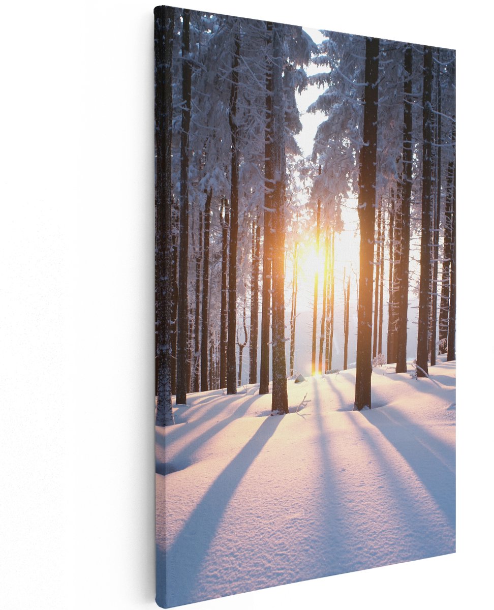 Artaza Canvas Schilderij Bos Met Sneeuw Tijdens De Zonsondergang - 120x180 cm - Groot - Wanddecoratie Woonkamer - Schilderijen - Muurdecoratie
