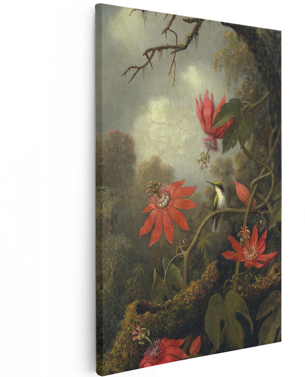 Artaza Canvas Schilderij Kolibrie en Passiebloemen - Martin Johnson Heade - 120x180 cm - Groot - Kunst - Wanddecoratie Woonkamer
