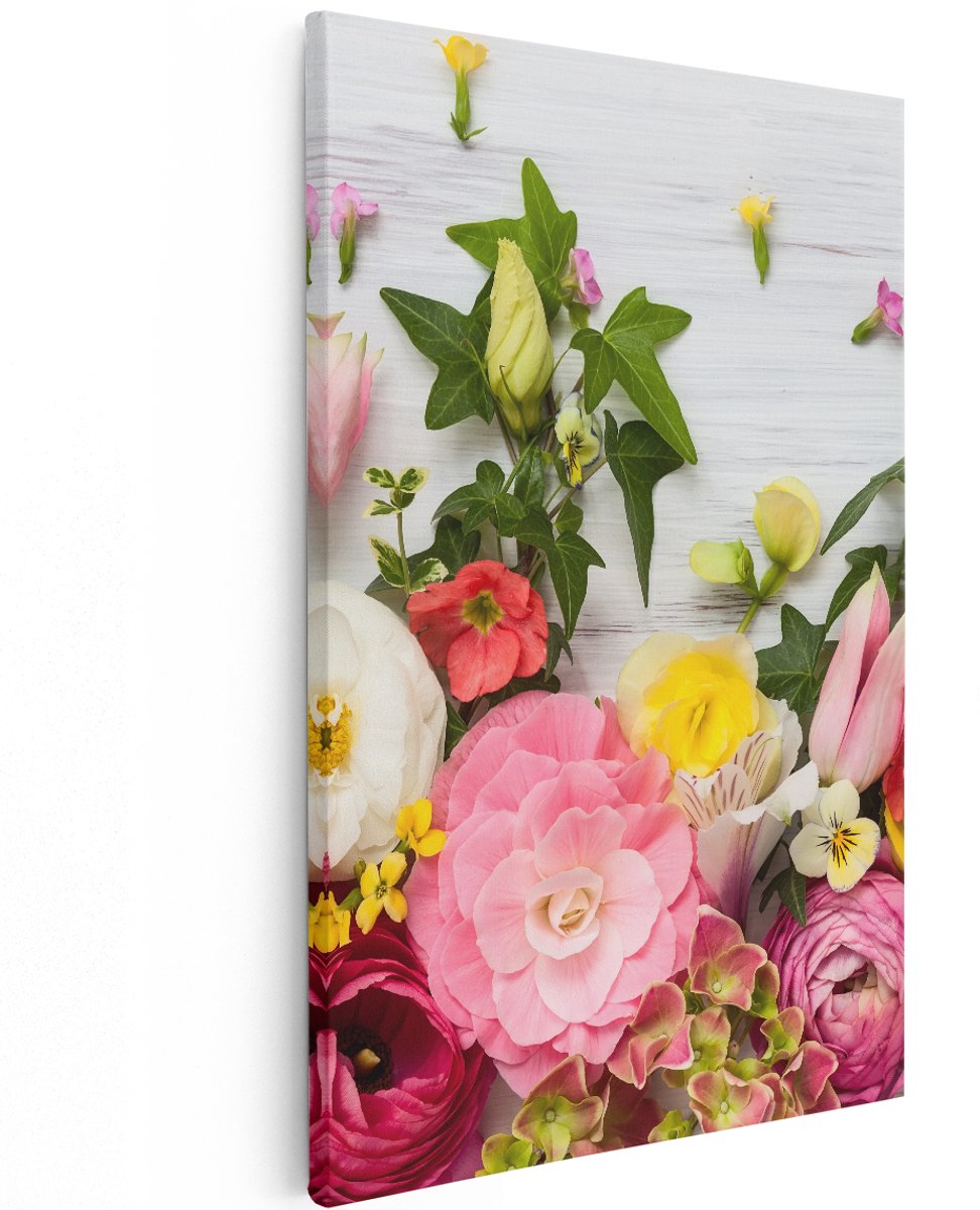 Artaza Canvas Schilderij Bloemen Op Een Witte Houten Achtergrond - 120x180 cm - Groot - Wanddecoratie Woonkamer - Schilderijen - Muurdecoratie