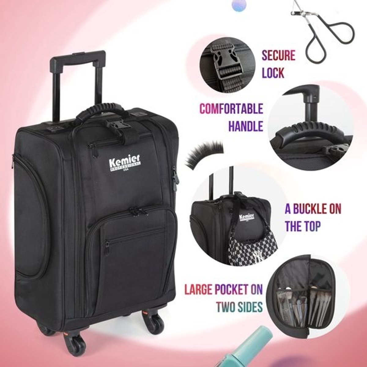 Portable Cosmetic Organizer - Soft Silk Nylon Rolling Makeup Case with Pouches - Black visagie trolley