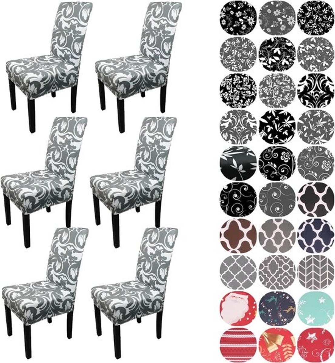 6x Stretch Stoelhoezen Grijs/Wit - Afneembare & Wasbare Universele Eetkamerstoelhoezen
