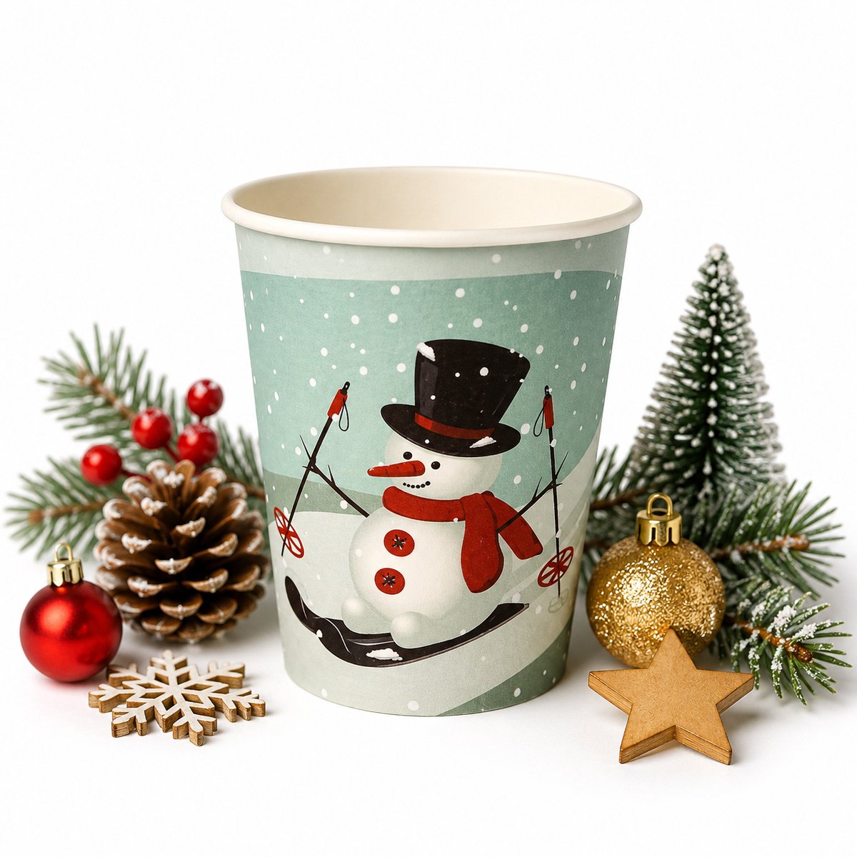 100 x Kerst Kartonnen Koffiebeker 8oz 240 ml "Sneeuwman" Drinkbekers Karton - wegwerp papieren bekers - drank bekers glühweinbeker kartonnen drinkbeker voor kerstmarkt
