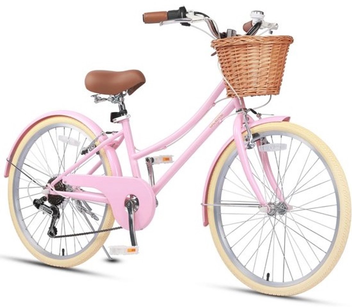 Hybride stadsfiets voor kinderen met 6 versnellingen, meerdere kleuren en rieten mand