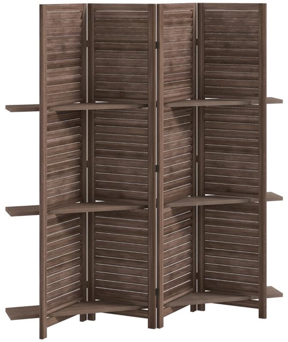 Scheidingswand‑hout‑4‑panelen‑opklapbaar‑3‑legniveaus‑160x170cm‑walnootkleur