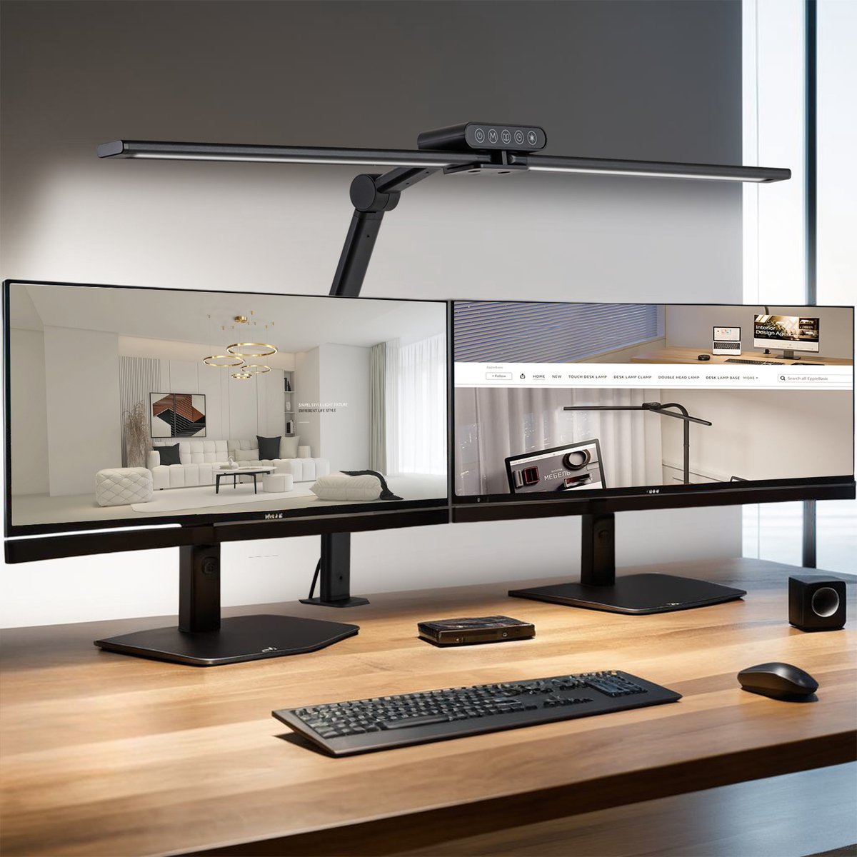 Rosnek LED Bureaulamp met Klem - Dubbele Architectenlamp Zwart - Dimbaar voor Breed Bureau - 2000lm Monitorlamp voor Meerdere Schermen - Leeslamp voor Thuiswerk - Werkbanklamp voor Studio en Hobby