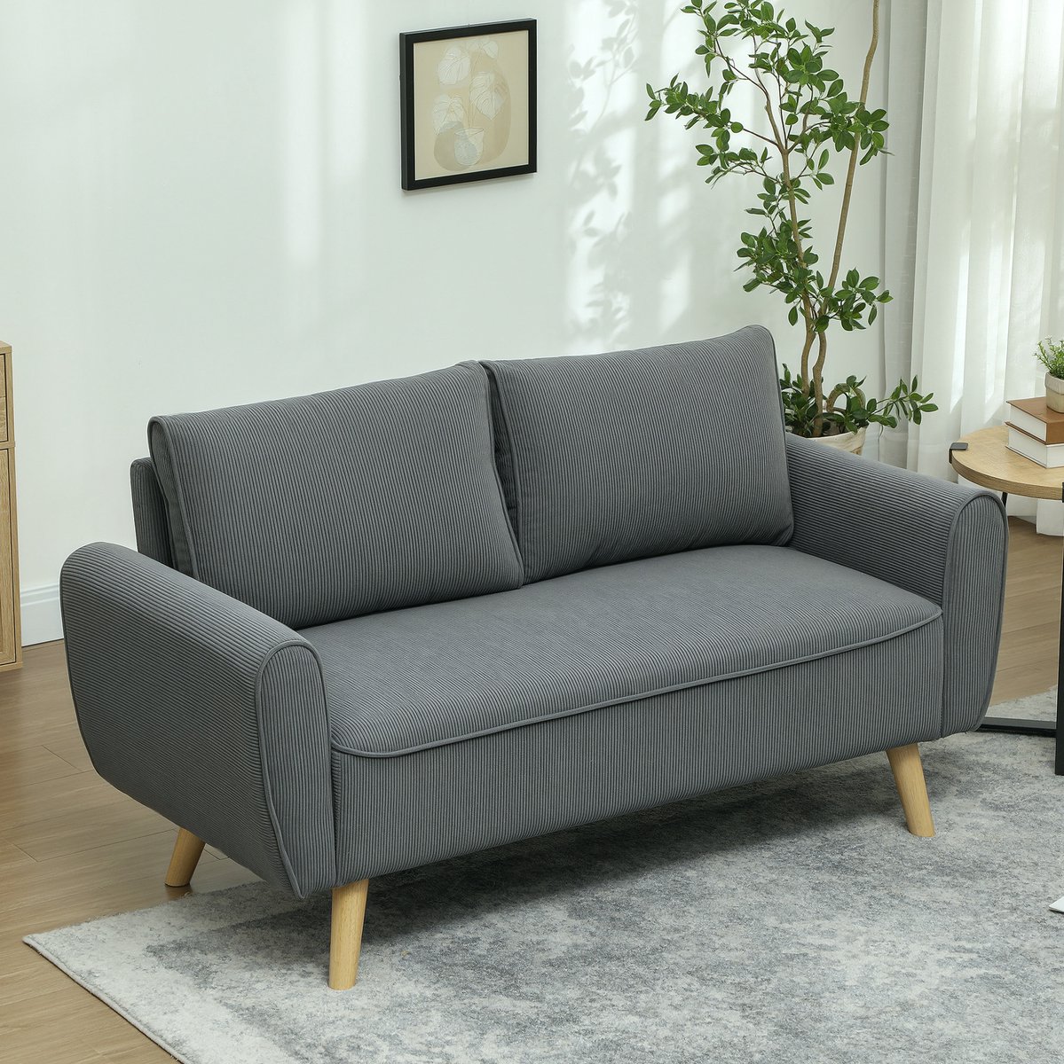 COVREO Bankje 145 x 75 x 78 cm donkergrijs polyester - 2 zitplaatsen - houten poten - 2 kussens