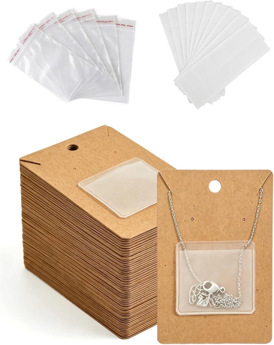 Earring Display Kaarten - 100 Stuks Earring Houder Kaarten met Zelfklevende Zakjes en Sieraden Tassen, Ideaal voor Kleine Ondernemingen en Sieradenverpakking, 8.5 x 6.3 cm