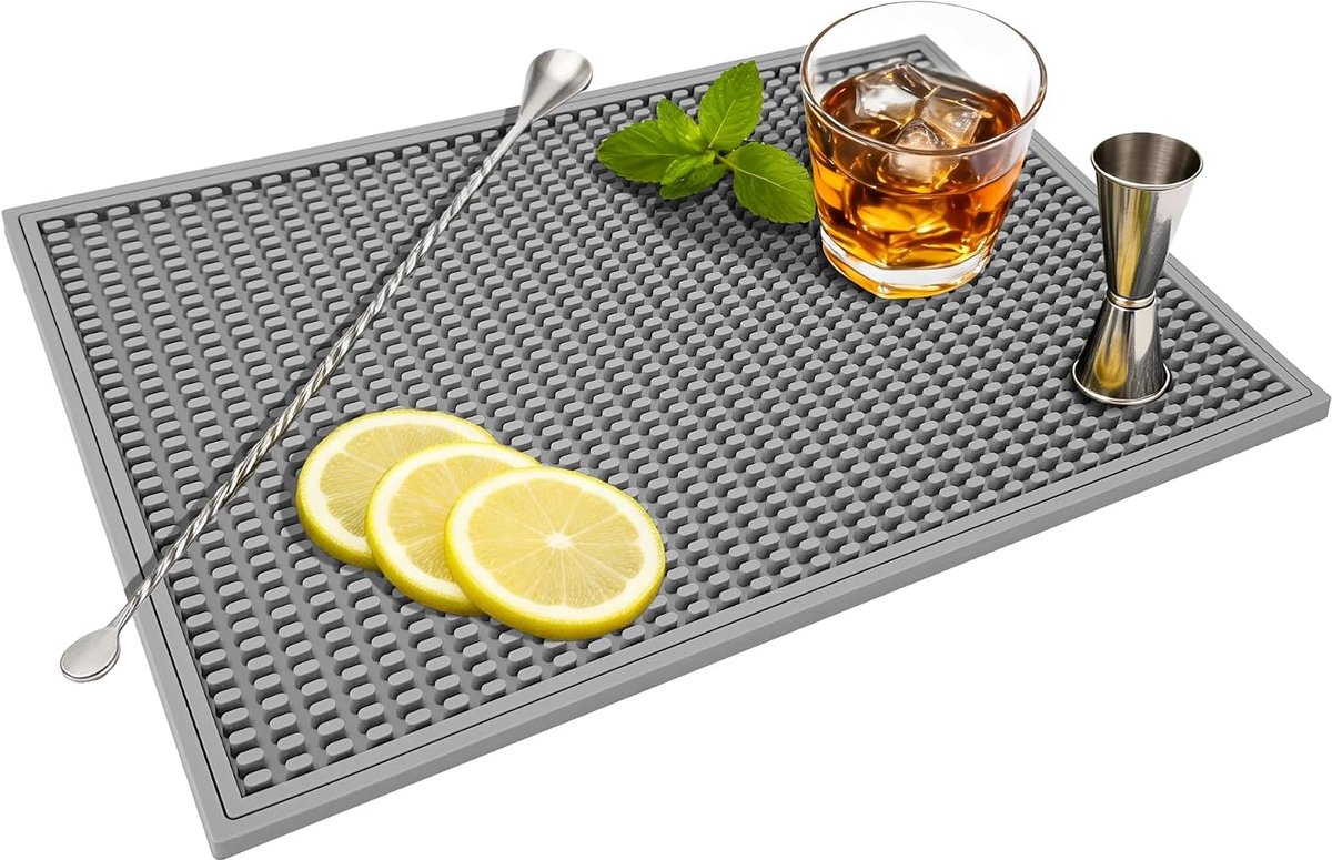 Ulisem - Bar Mat - Rubberen Barmat - 46 × 30 cm - Antislip Afdruipmat - Sneldrogende Baronderlegger - Voor Glazen Cocktailbar Keuken en Aanrecht - Grijs