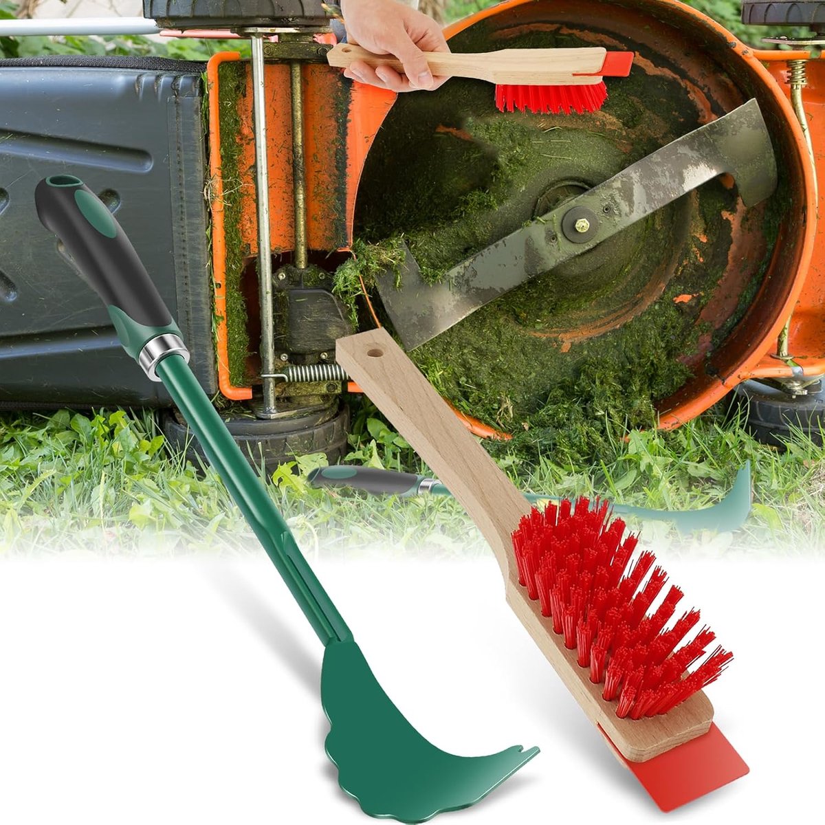Ulisem - Grasmaaier Dekschraper - Reinigingsgereedschap voor Grasmaaier - Lange Ergonomische Handgreep - Met Harde Borstel - Voor Onderhoud en Reiniging - Groen+Rood