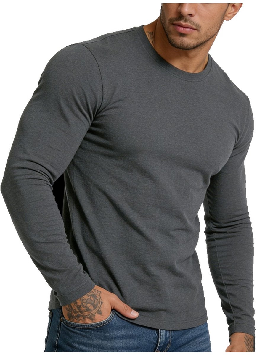 Currero Longsleeve Heren Oversized Lange Mouwen Shirt Roundneck Mannen Kleding T-Shirt Donkergrijs