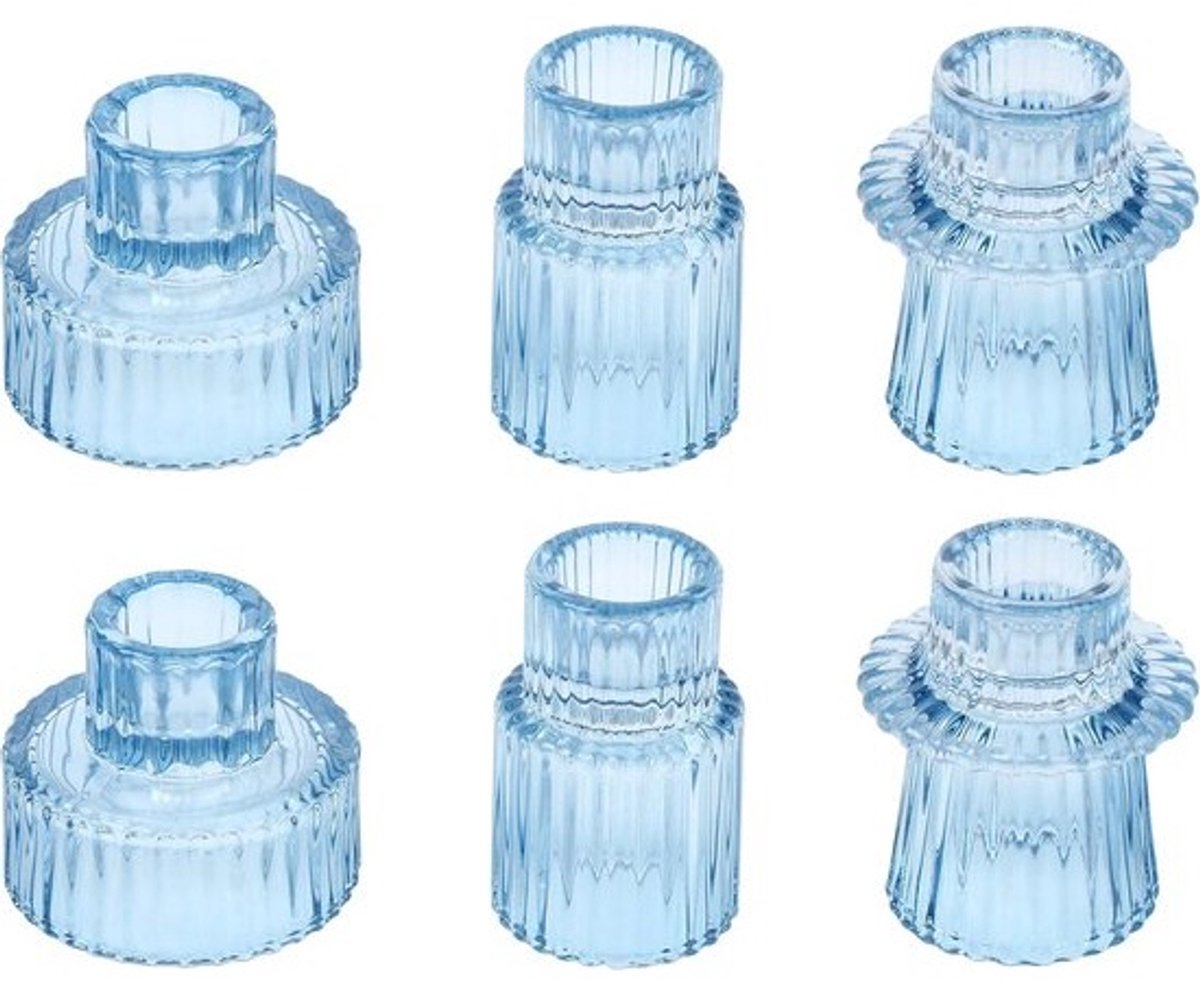 6 stuks glazen kandelaarhouders lichtblauw voor theelichtjes tafeldecor