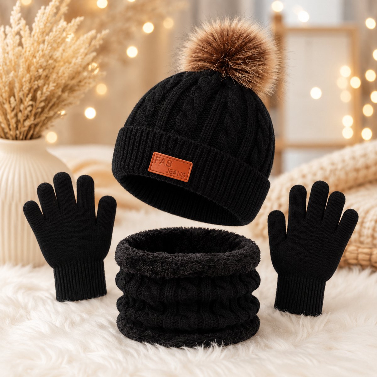 merkloos 3-delige kindermuts sjaal handschoenen set gebreide winteraccessoire voor kinderen 2-7 jaar Zwart
