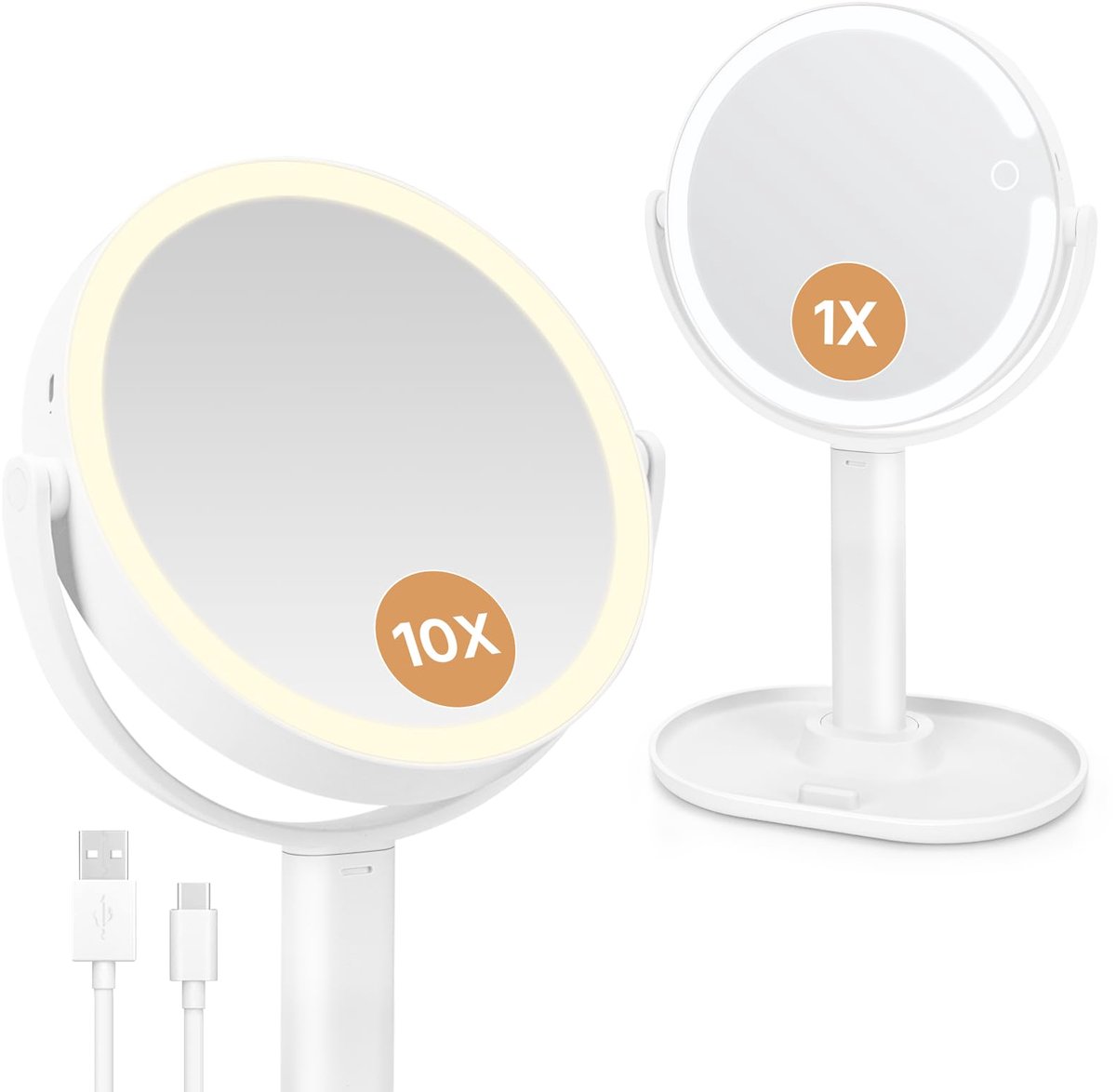 Ronde Cosmeticaspiegel met LED-verlichting - Dubbelzijdig - 1x en 10x vergroting - 360° draaibaar - 3 kleuren licht - Dimbare helderheid - voor op reis en in de badkamer