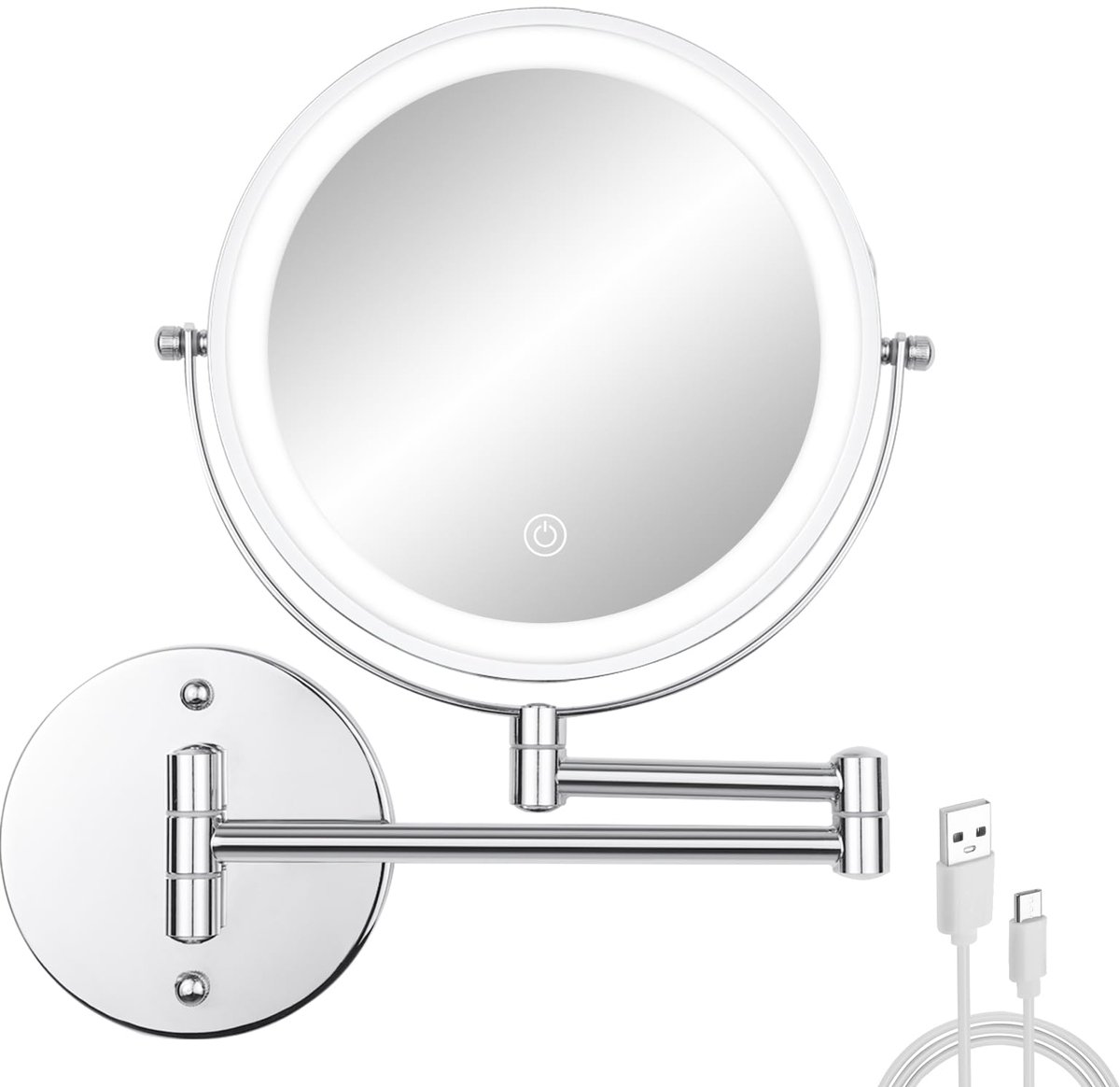 Make-up spiegel - Met verlichting en wandmontage, 1X/10X vergroting, dimbaar touchscreen, USB oplaadbaar en 360° draaibaar - Voor badkamer en hotel