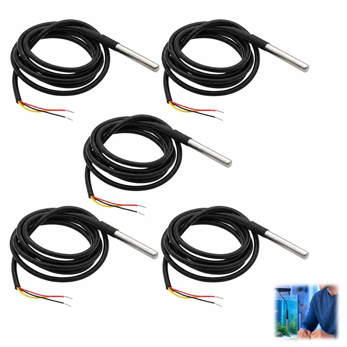 5 stuks temperatuursensor, waterdichte roestvrijstalen temperatuursonde, kabel 2 m, bereik -55 °C tot +125 °C - ShopVlot