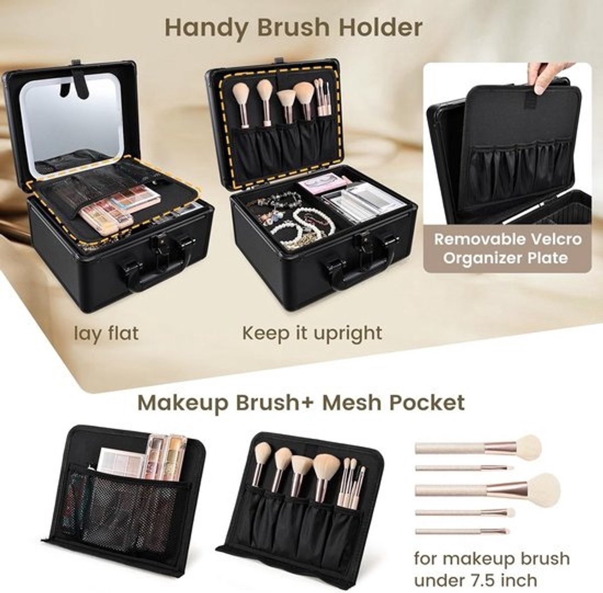 Make-updoos met LED-verlichting, verwijderbare spiegel en verstelbare indeling, draagbare beauty case met borstelhouder, zwart