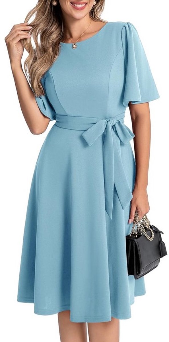 Elegante Midi Avondjurk voor Dames met Korte Mouwen en Riem | Geschikt voor Cocktail en Bruiloft
