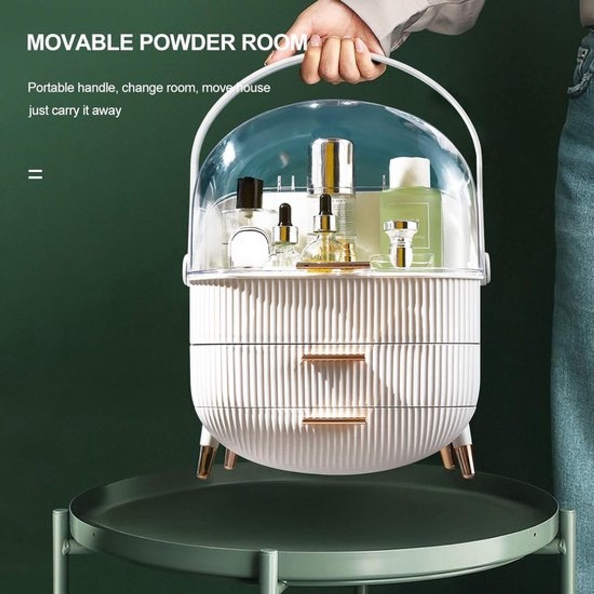 Draagbare Make-up Organizer met 2 Lades en Stofdicht Deksel - Cosmetische Box met Draaggreep