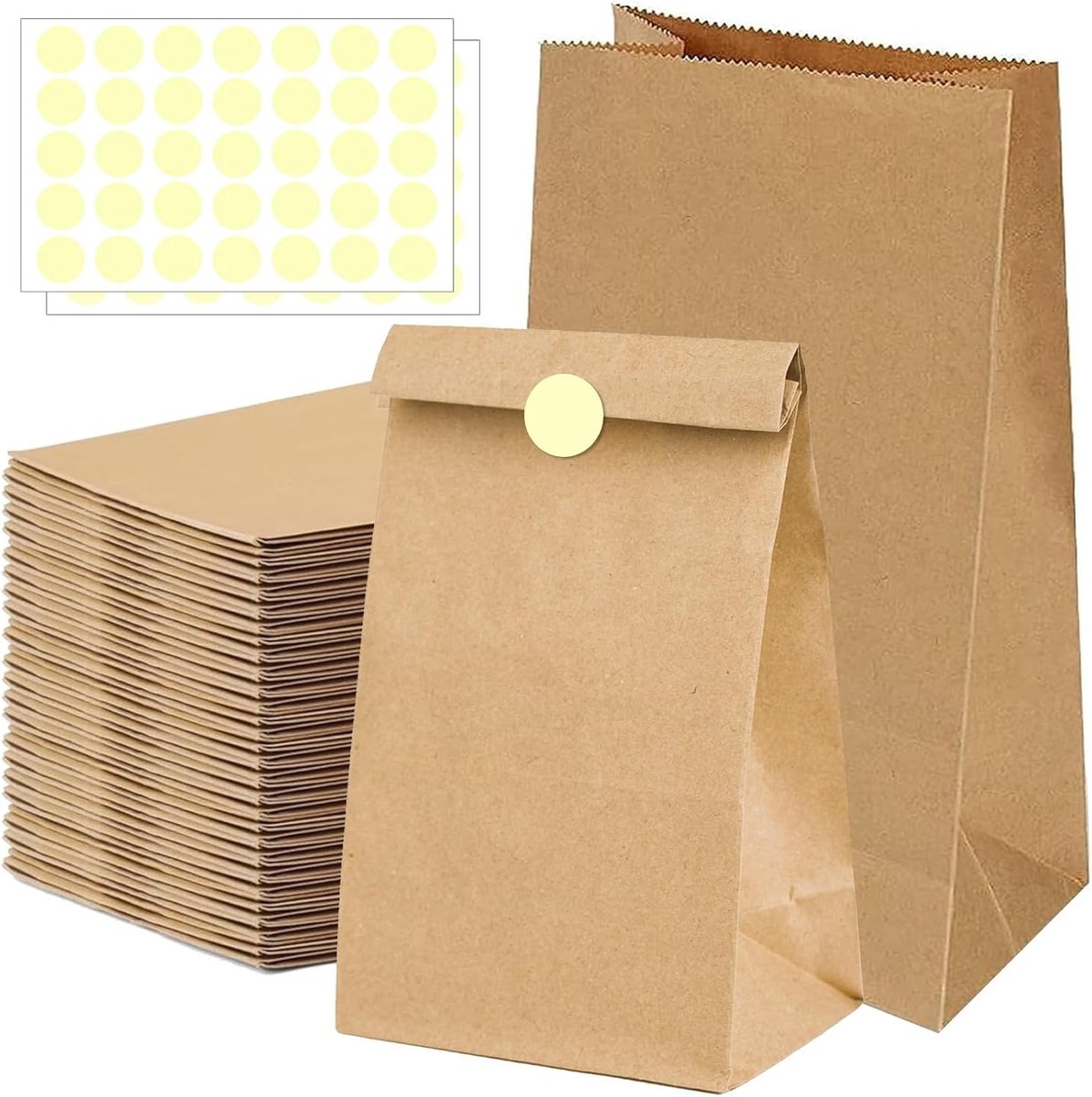 Set van 50 bruine papieren zakken 15 x 27 x 9 cm met 70 ronde stickers voor DIY, ideaal voor het opslaan van noten, snoep en kleine geschenken