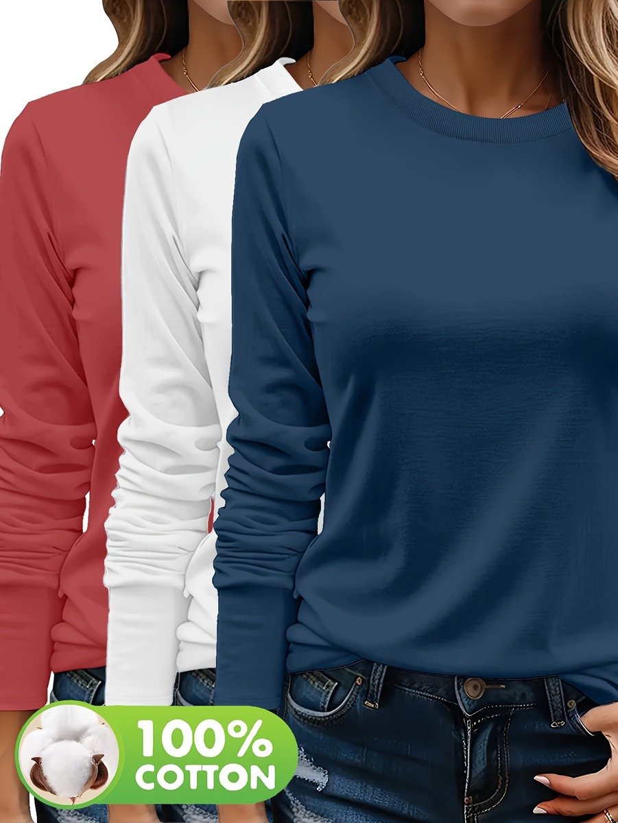 Currero Longsleeve Dames Oversized Lange Mouwen Shirt Roundneck Vrouwen Kleding T-Shirt + + Baksteenrood Blauw