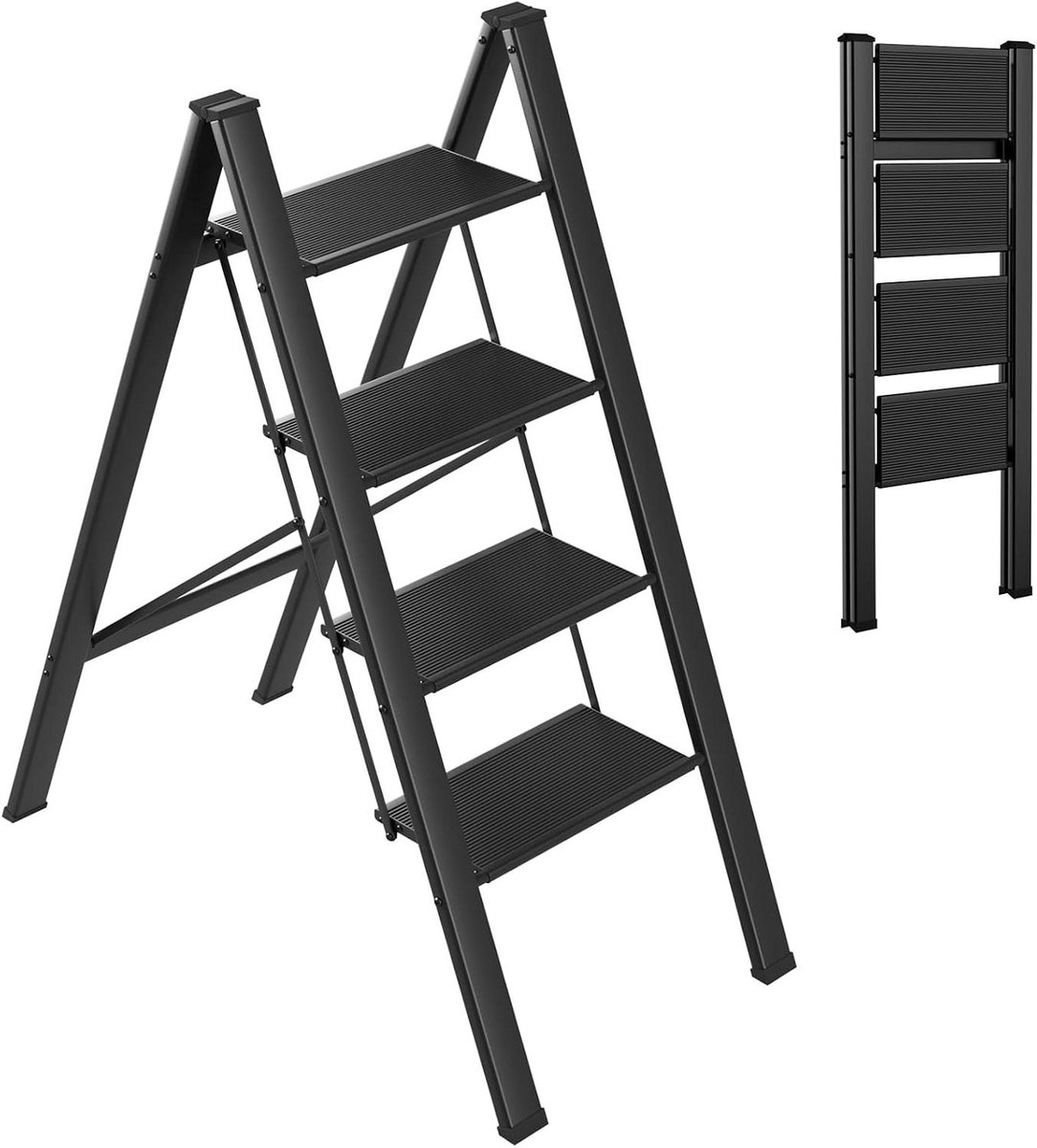 Aluminium trapladder - Vouwladder huishouden - Veilig klussen thuis - Brede antislip treden - 4 treden - Zwart