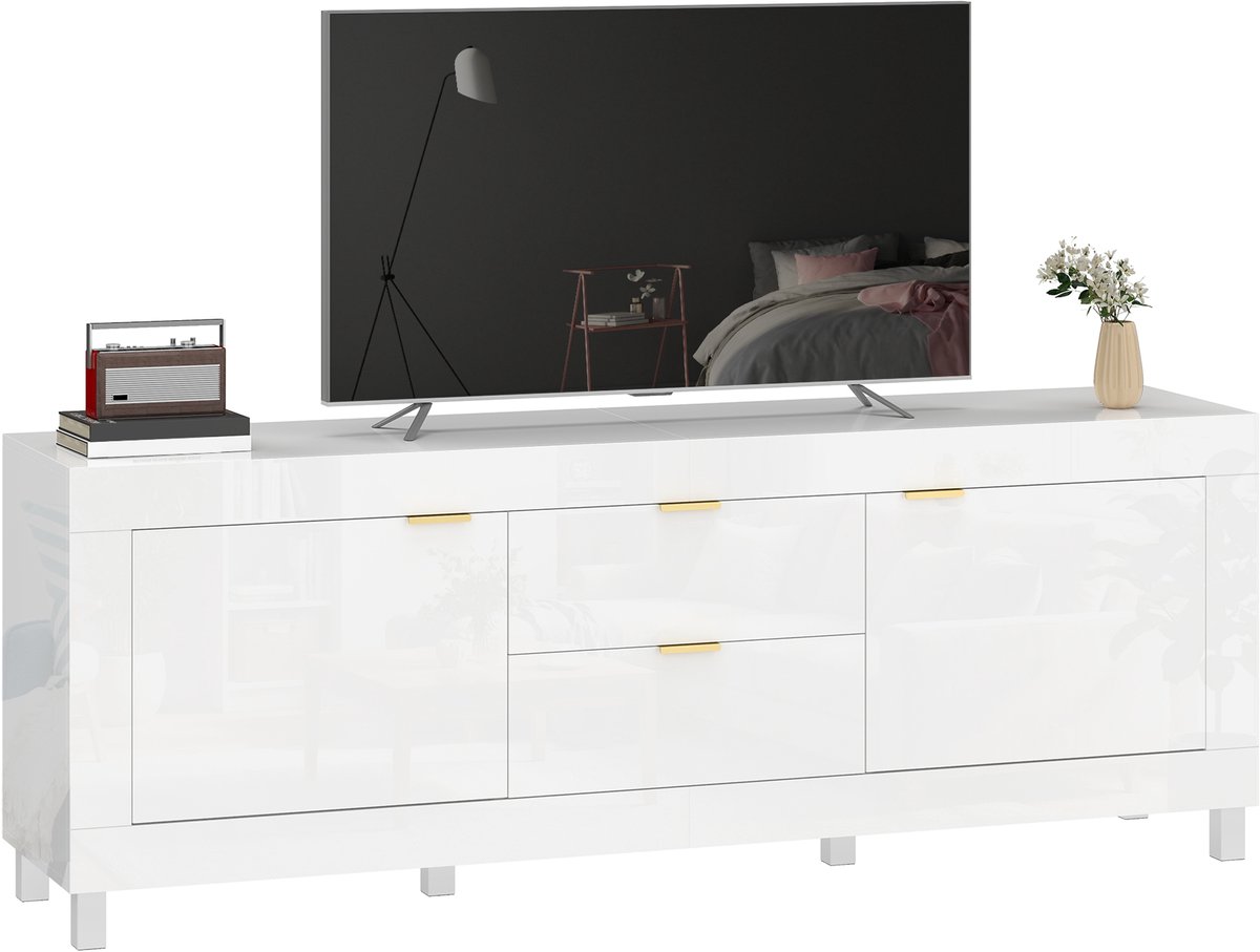 ECTEATOY® TV-Meubel Hoogglans - TV Kast voor TV's tot 75 Inch - Entertainment Center met 2 Deuren en 2 Laden - 180x40x66 cm - Wit
