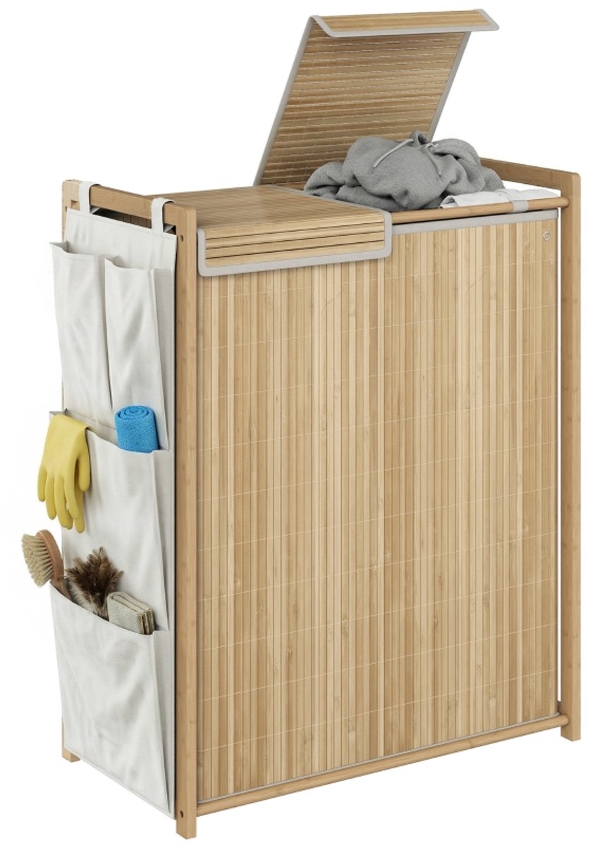 Wasmand‑van bamboe‑120 l‑met afneembare trekkoordzak en zijvakken‑natuurkleur