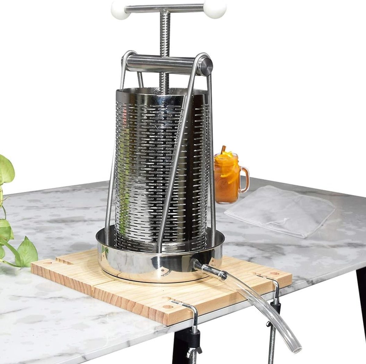 Handmatige Fruit- en Wijnpers van RVS - 5 Liter Compacte Pers voor Sap, Notenmelk en Olijfolie met Energiezuinige Handgreep