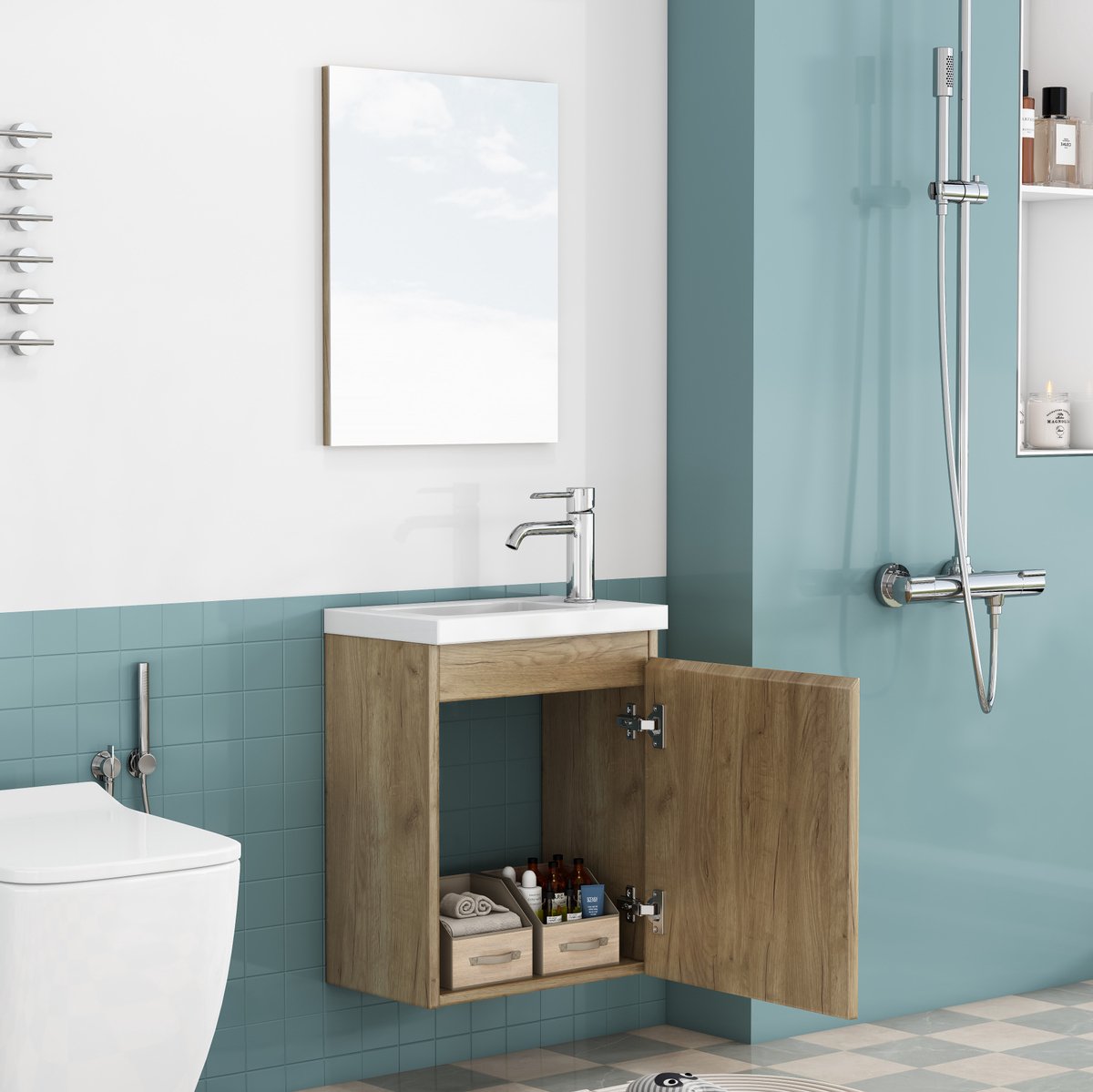 OKWISH Wastafelmeubel 40 Cm Oak Wandmontage Met Keramische Wastafel En Spiegel Grifflos Met Dempdeuren Voor Badkamer