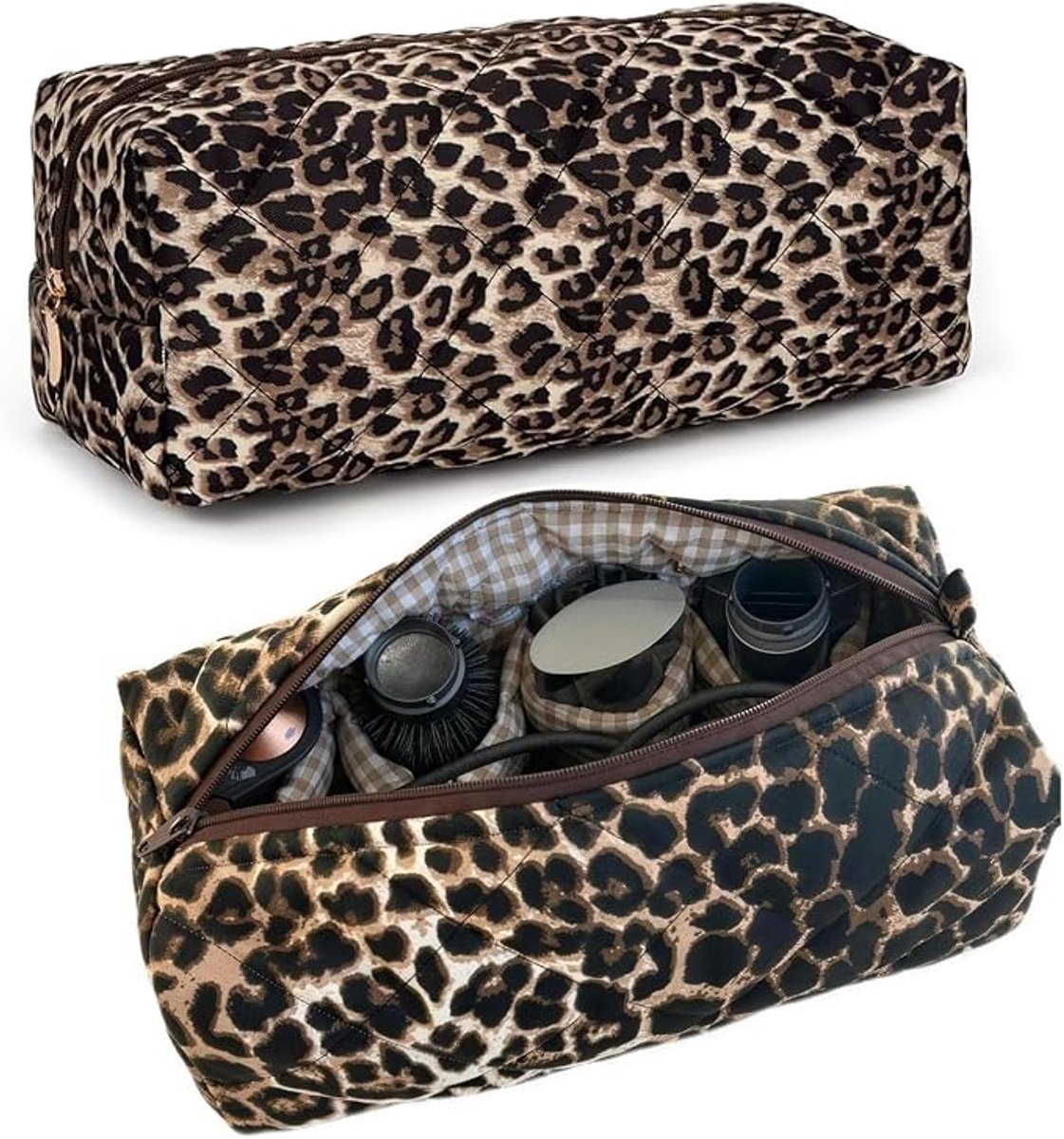 Namajunas - Toilettas voor dames - Reistas voor föhn - Organizer voor Dyson Airwrap en Airstrait - Grote toilettas - Reisorganizer voor föhn en haarstylingaccessoires - 100% katoen - 35 x 15 x 10 cm - Luipaardprint, geruite stiksels, met vakjes