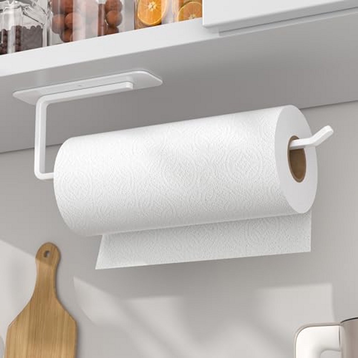 Witte keukenrolhouder zonder boren – zelfklevend keukenrolrek voor wandmontage of bevestiging onder de kast