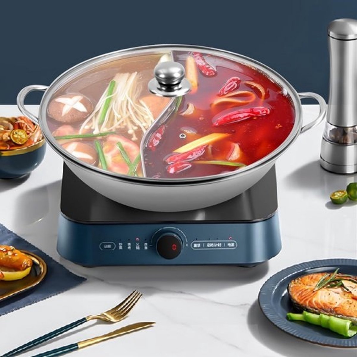 Rvs Hotpot met Deksel, 34 cm, Verdeelde Soup Pan voor Inductie en Gasfornuis
