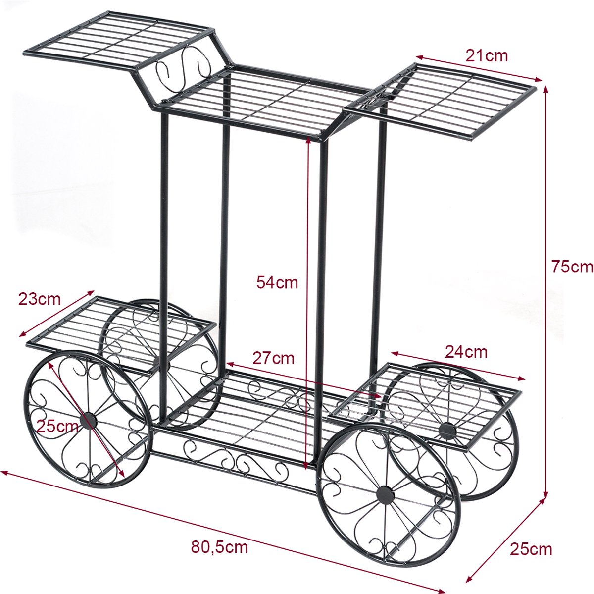 SureDeal® - Tuinier - Decoratieve Bloemenstandaard Plantenstandaard - Planken Vrijstaande Bloemenwagen - Binnen - Buiten - 80,5x25x75 cm - Zwart