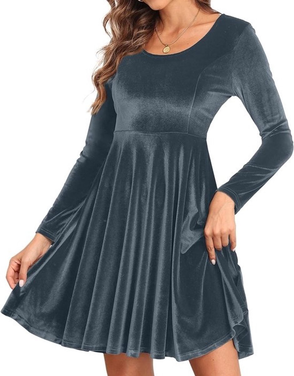 Fluweel Damesjurk Winter A-lijn Lange Mouwen Ronde Hals Midi Jurk Elegante Avondjurk Casual Party Mini-jurk