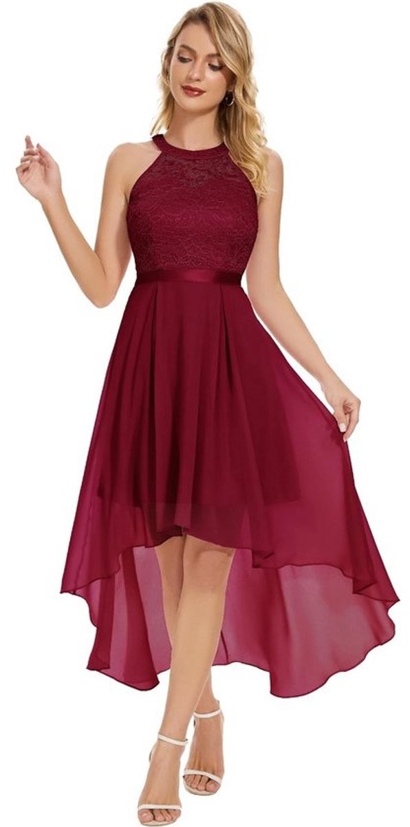 Elegante chiffon halterjurk met kant, hi-low midi jurk voor bruiloft of galafeest