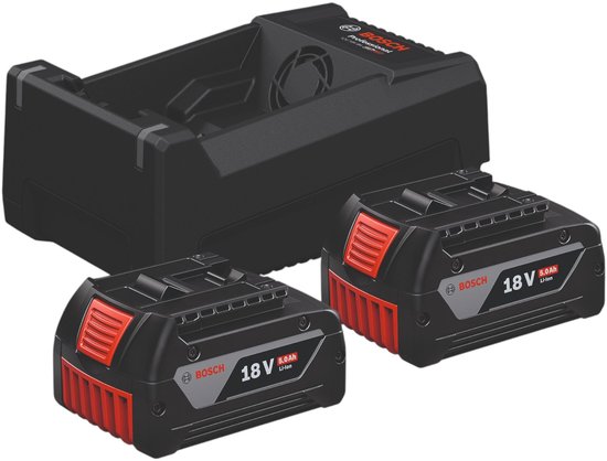Bosch Professional starterset met twee 18V 5.0Ah Li-ion accu's en een zwarte acculader.
