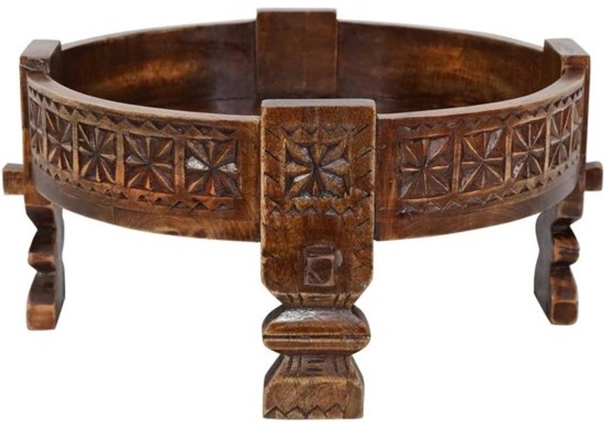 Ronde Houten Bijzettafel Laag - Ø50 cm - Antiek Stijl - Massief Mango Hout - Oosters Bohemien Salontafel