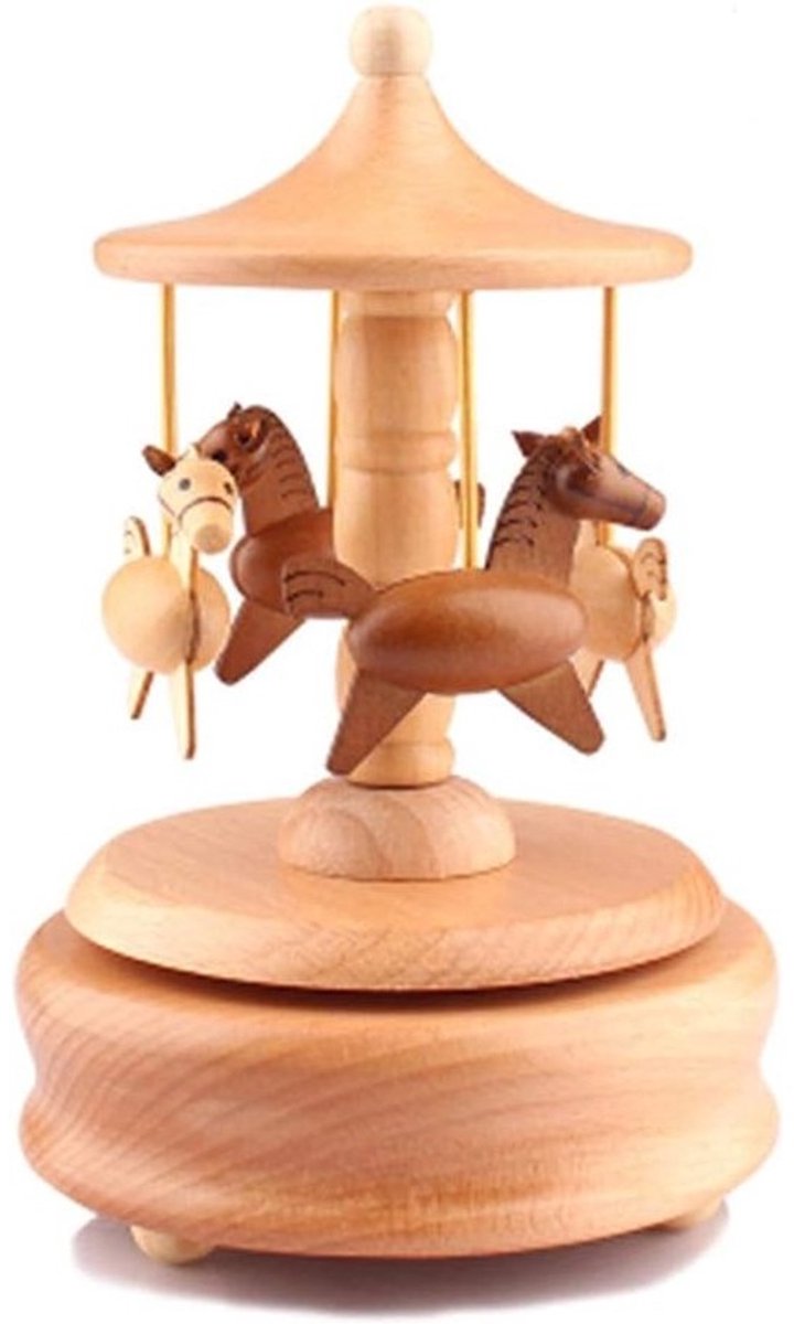 Houten Muziekdoos - Draaiende Decoratie - Kinderen Vrolijk Maken - Massief Hout - 16x11cm - Carrousel