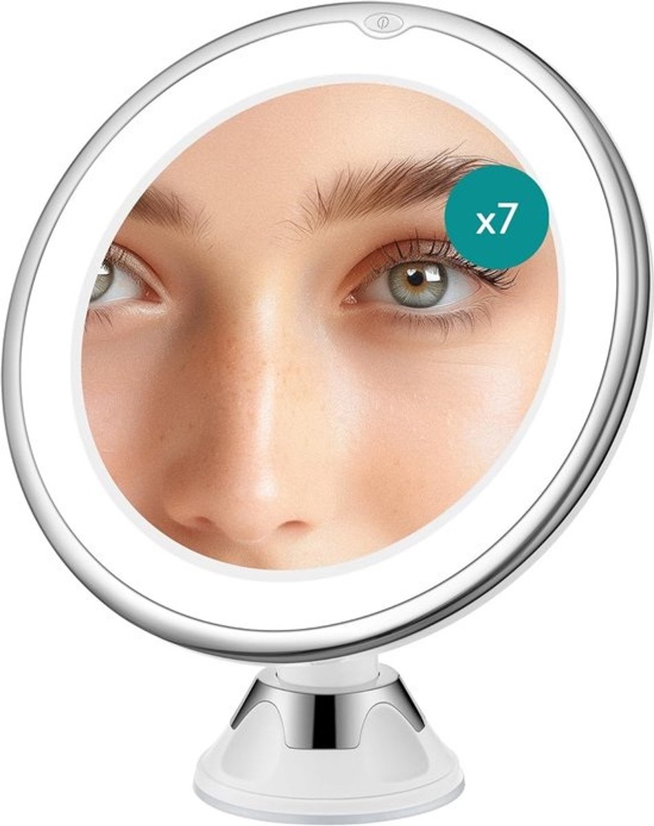 Make-up spiegel met LED verlichting - Vergrootspiegel zuignap - 360° draaibaar - Scheerspiegel 7x vergroting - Handspiegel - wit