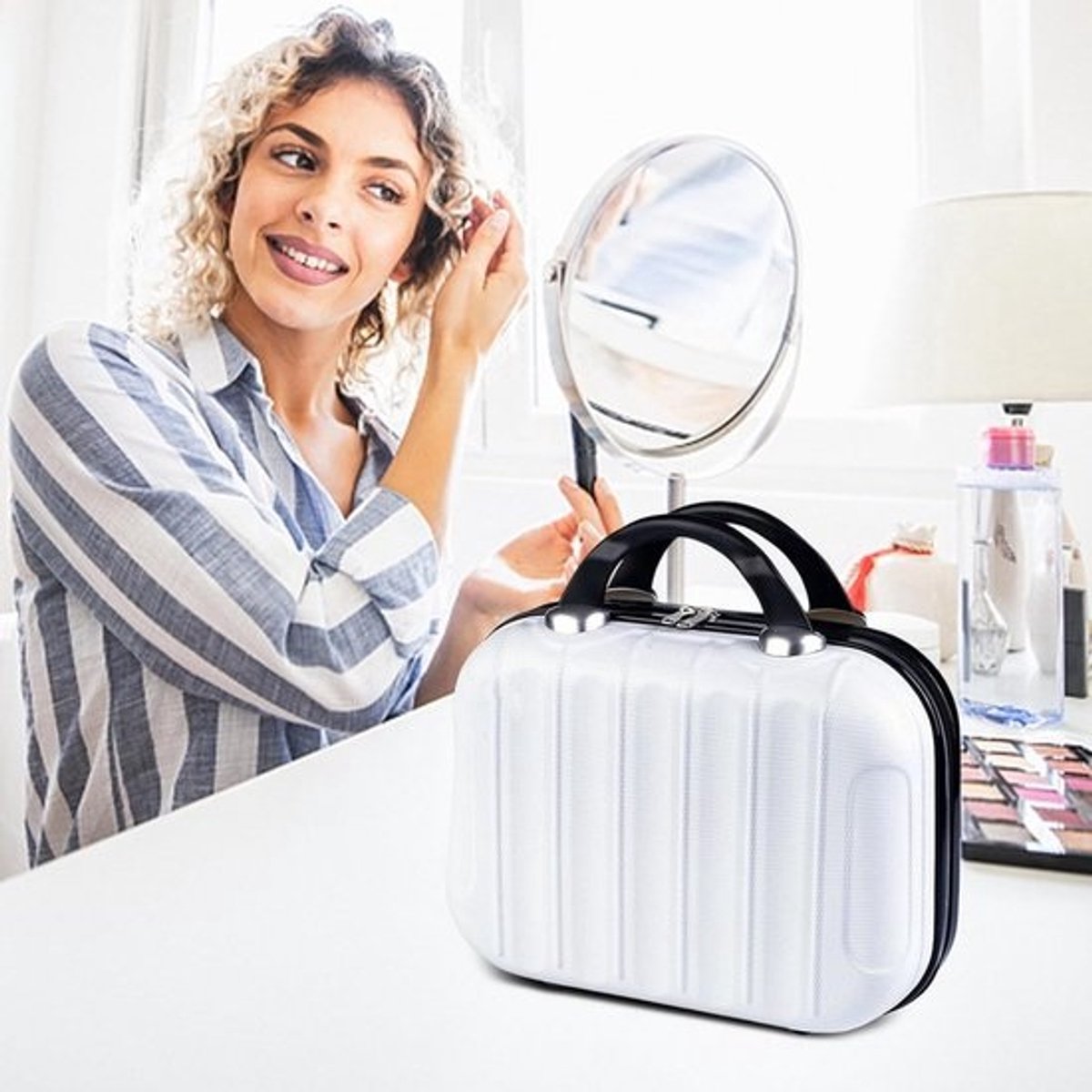 Mini Cosmeticakoffer 14 inch voor Vrouwen en Meisjes - Draagbare Make-uptas met Hardcase en Elastische Band - Lichtgewicht en Waterdichte ABS Kosmetische Koffer - Natural White