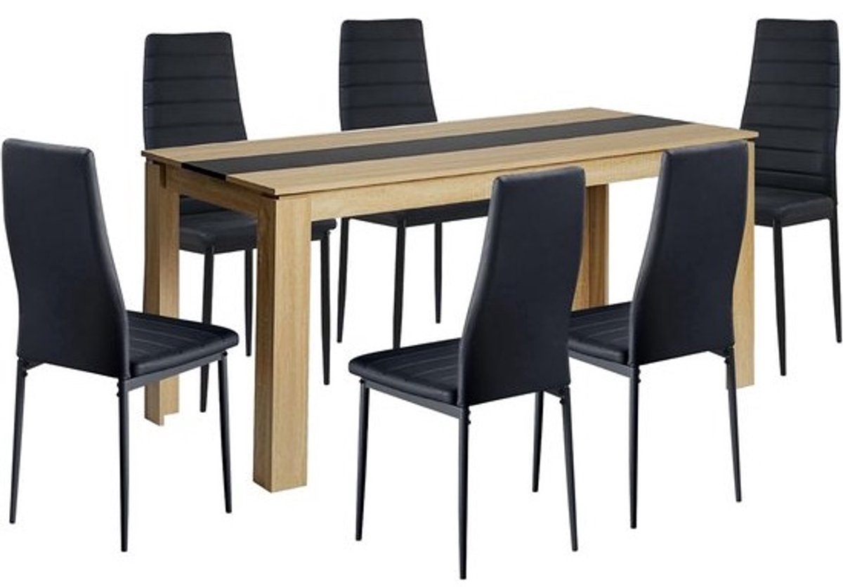Eettafel 160 cm met 6 stoelen zwart wit donkergrijs rechthoekig houten tafel eetkamergroep voor woonkamer keuken kantoor