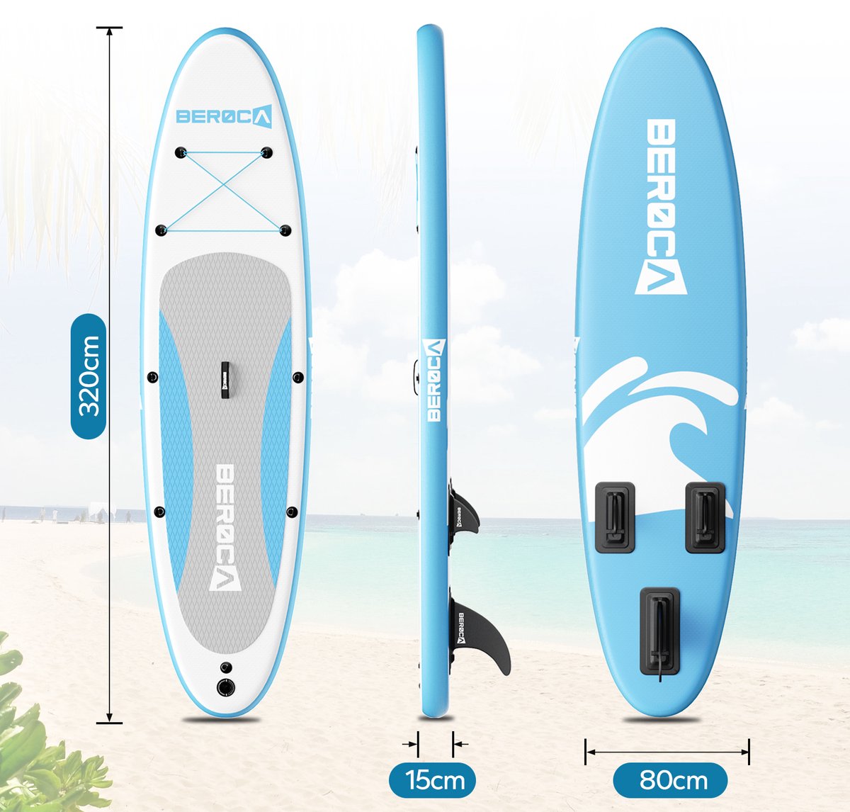 BEROCA SUP Board - met Zitje - Opblaasbaar Paddle Board - Complete Set - 320x81cm - Max. 160 kg- Blauw Wit – foto 4