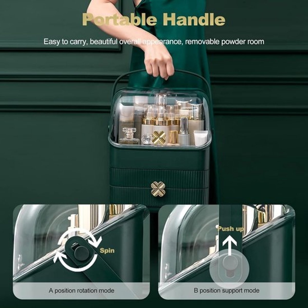 Draagbare Make-up Organizer met Stofdicht Deksel - Ruime Opbergbox voor Cosmetica met 2 Lades en Draaggreep