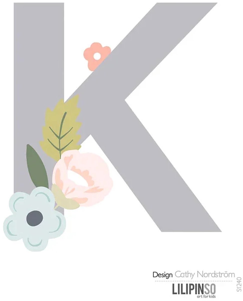 Lilipinso sticker letter met bloemen grijs roze pastel K