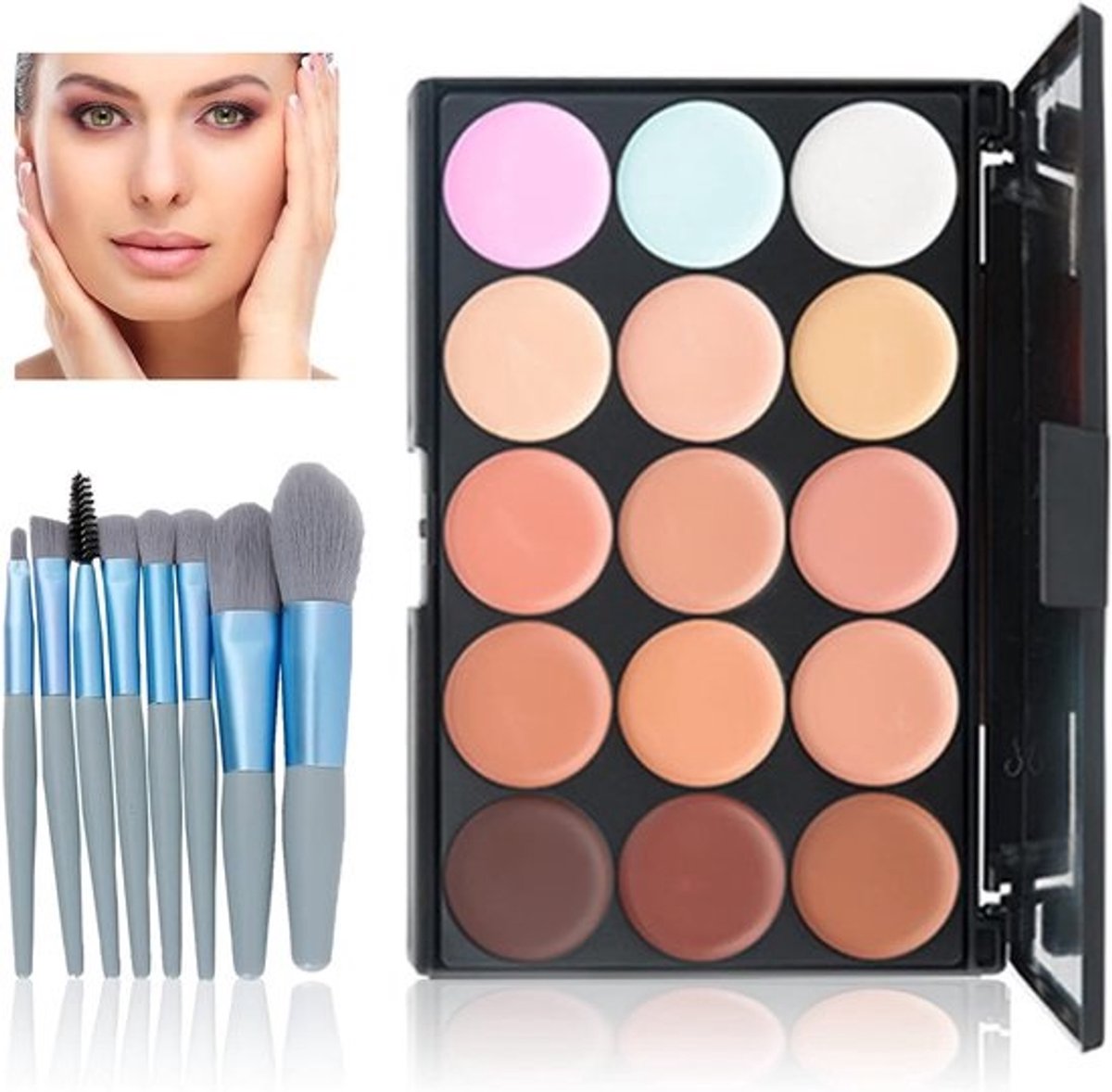 Kleurcorrectie Make-up Palette met 15 Crème Tinten en 8 Make-up Kwasten voor een Vlekkeloze Huid en Perfecte Teint