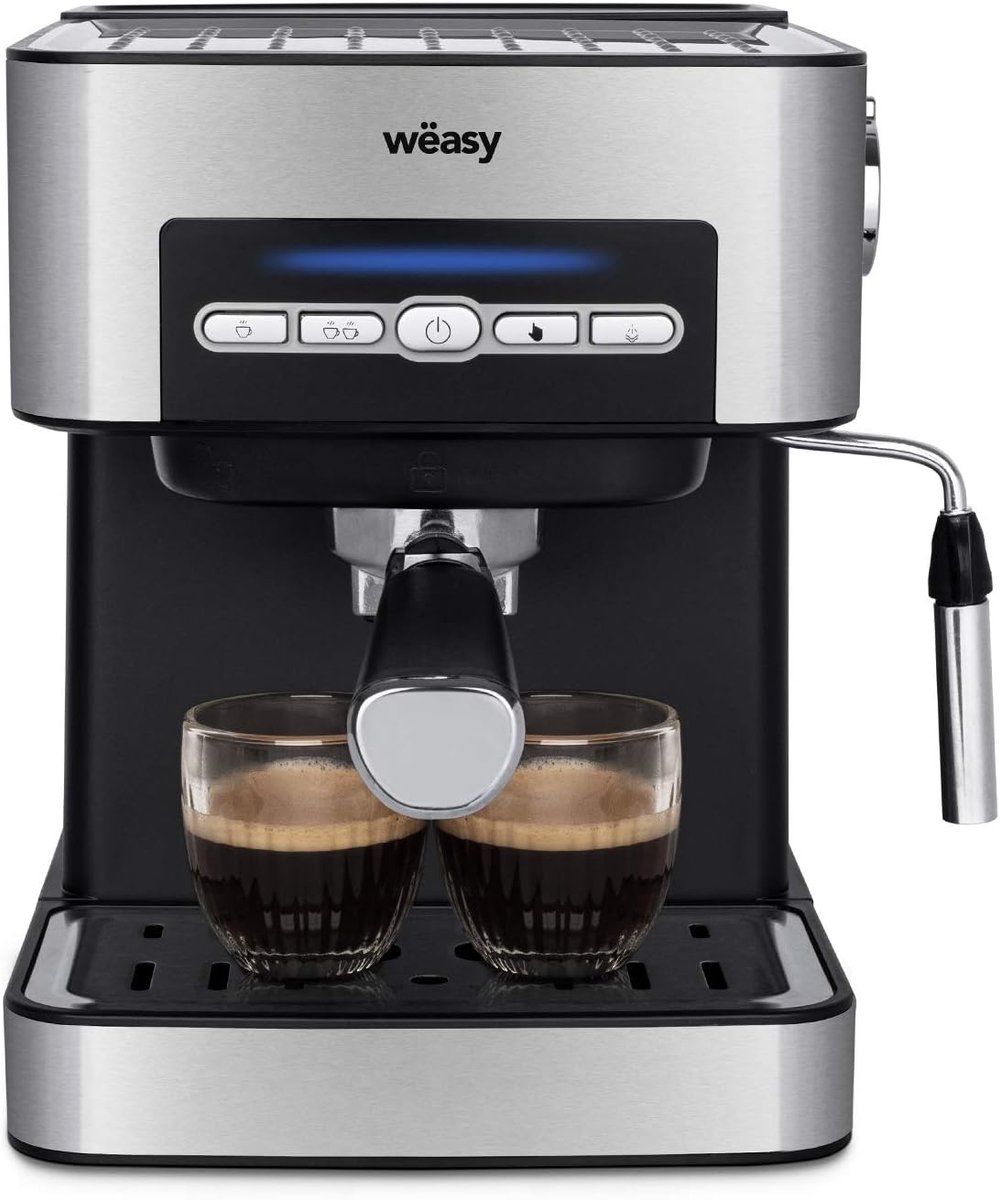Espressomachine 20 Bar – 850W – 1,6L Watertank – Melkopschuimer met Stoompijp – 1 of 2 Kopjes – Kopjeswarmer – RVS/Zilver