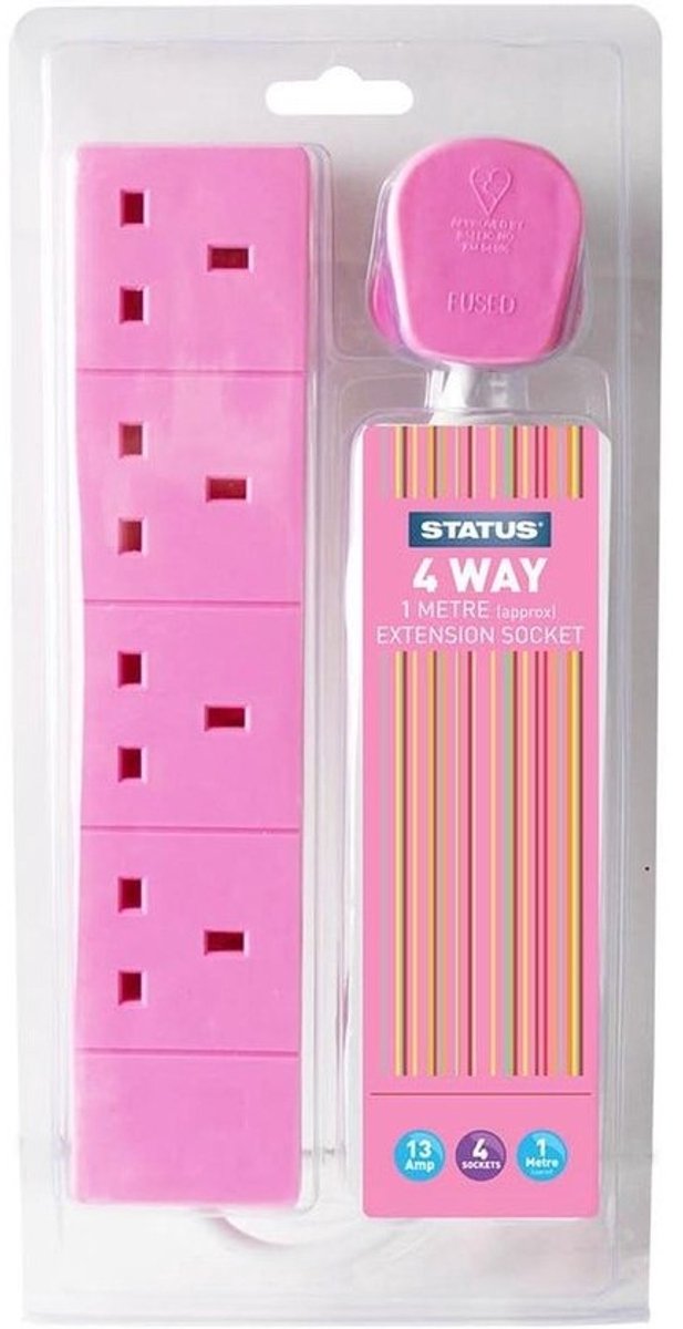 Verlengsnoer - Stopcontact doos - Apparaten aansluiten - Wandmontage mogelijk - 1 meter - Roze